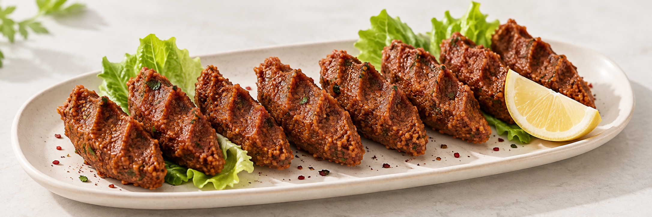 Hand-shaped çiğ köfte with lettuce and lemon