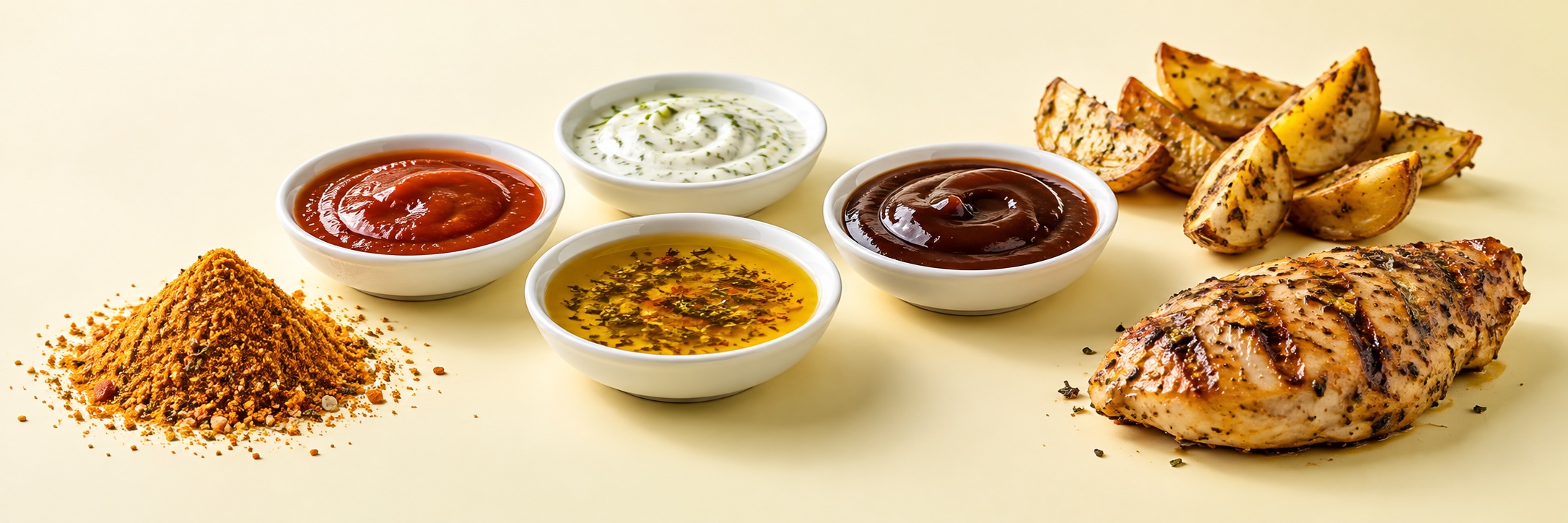 Seasonings, marinades and sauces in a contemporary studio composition