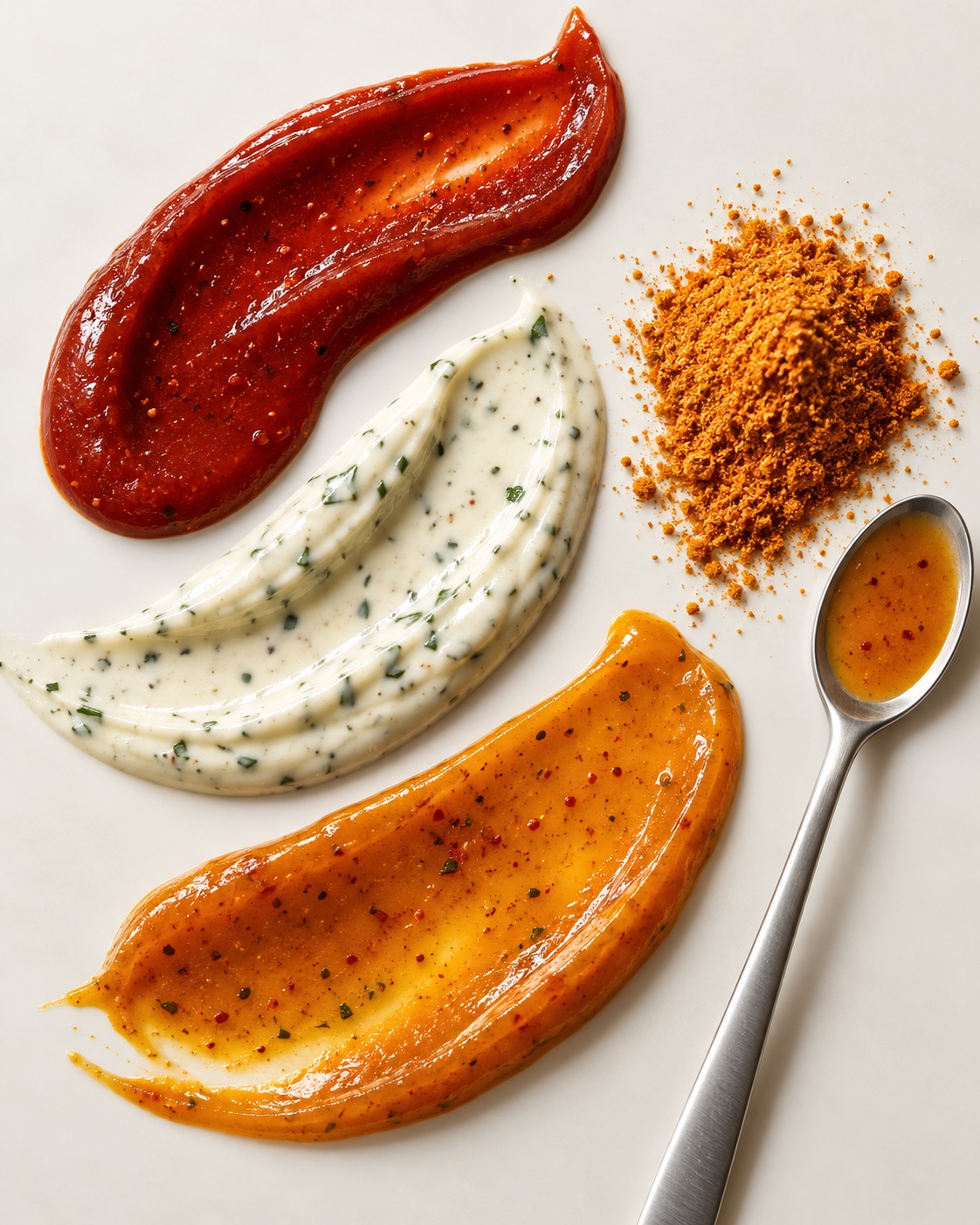 Red, golden and herb sauce textures alongside finely milled seasoning