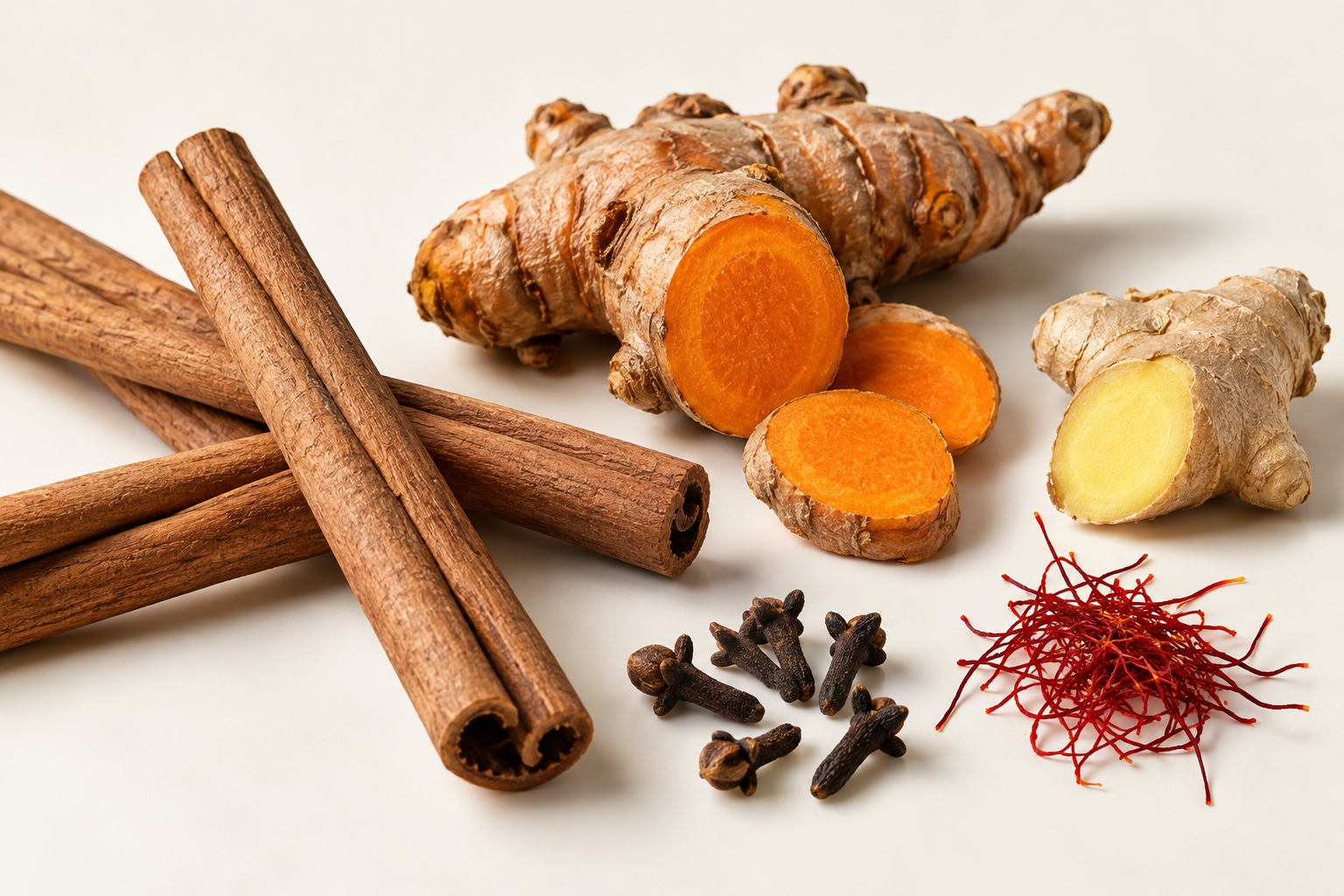 Tarçın çubukları, zencefil, zerdeçal, karanfil ve safran